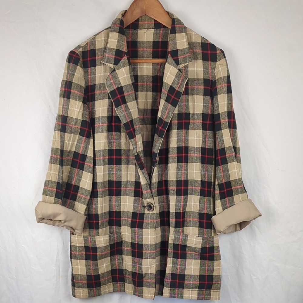 Vintage Plaid Utility Jacket - Beige, Black, Red